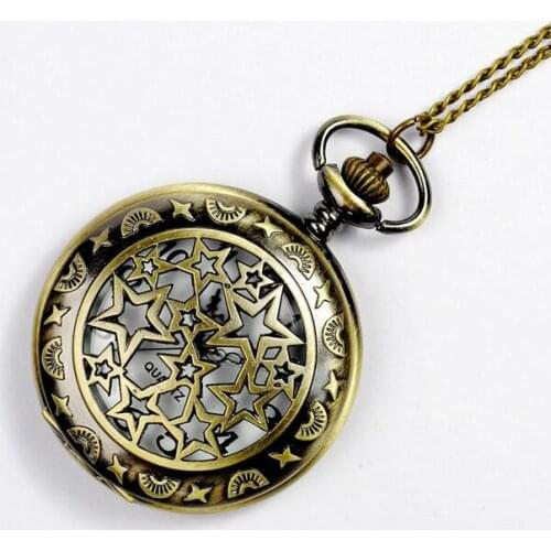 Vintage Bronze antiques Fashion quartz stars moon pattern Hollow pocket watches woman and men chain gift
