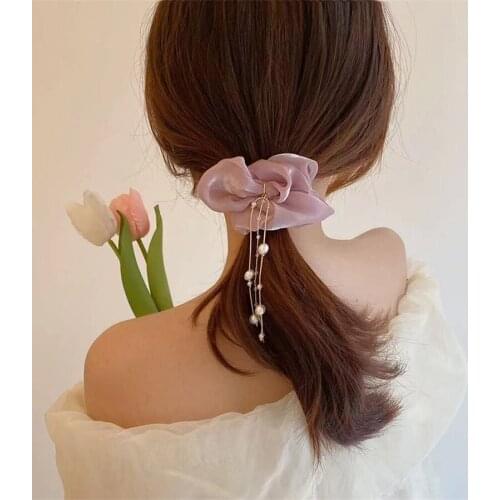 Fashion Chiffon Lady Hair Scarf Scrunchies Elastic Hair Band Rope For Women Girl Pearl tassel Hair Ribbons Hair Accessories Gift