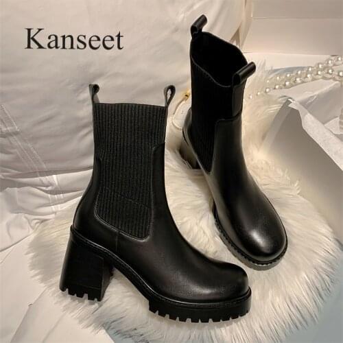 Kanseet New 2021 Autumn Winter Women Short Boots Round Toe Black Genuine Leather Patchwork Handmade High Heel Boots Female Shoes