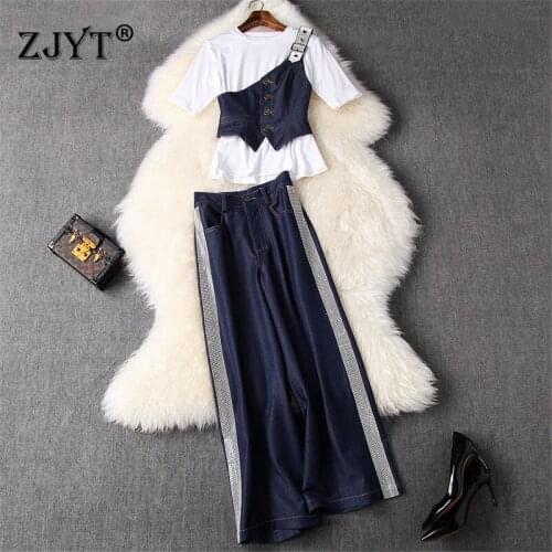 High Street Fashion Summer Lady Suit Female Casual 2 Piece Outfit Short Sleeve White TShirt+Vest+Diamonds Jeans Pants Woman Sets