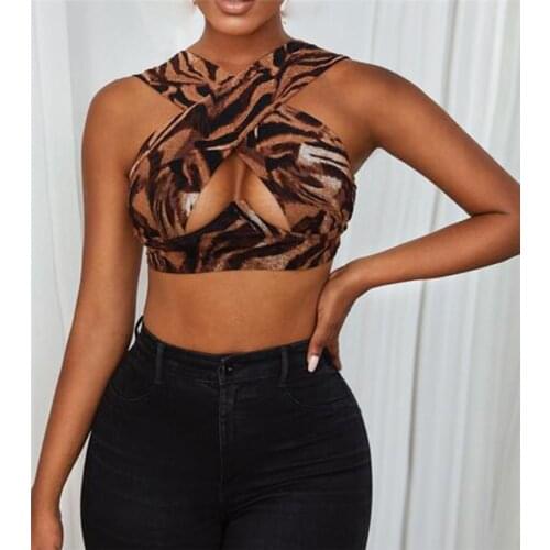 Women Close-fitting Sexy Vest, Printed Pattern Halter Neck Sleeveless Crop Tops, Black/ Pink/ Khaki/ Brown