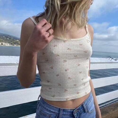 PUWD Slim Girls Sweet Floral Tank Tops 2021 Summer Fashion Ladies Vintage Short Tops Cute Women Chic Top Holiday Streetwear