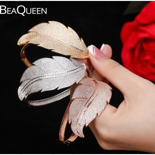 BeaQueen Famous Brand Designer Yellow Gold Color Big Leaf Shape Cubic Zirconia Wide Bangles Dubai Jewelry for Women B145