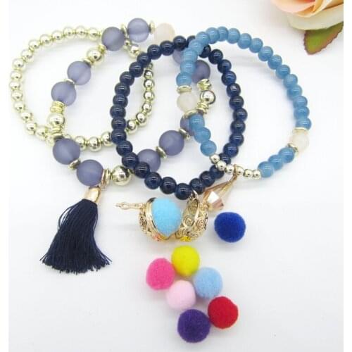 4 Strands per Set Boho Style Nice Beads with Tessel and Locket Charms DIY Essential Oil Diffuser Women`s Fashion Bracelet