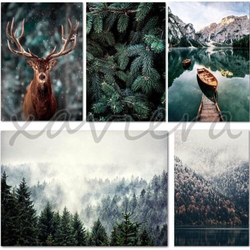 5D DIY Full Diamond Painting Animal Deer Round Square Drill Embroidery Fog Forest Lakeside Landscape Mosaic Picture Cross Stitch