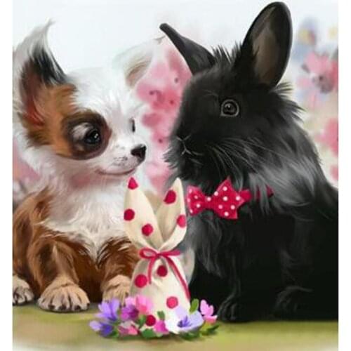5D DIY Diamond Painting Square/Round Diamond Cartoon Painting Puppy and Rabbit Scene Picture Cross Stitch Embroidery Art WG3092