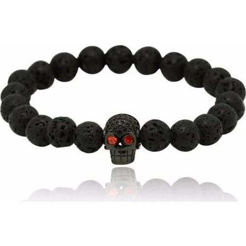 Beichong Fashionable Lava Stone Crystal Skull Bracelet Men Black CZ Skull Head Men Bracelets Lava Stone Jewelry Gift BL-0289