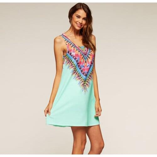 Boho Style Printing Dress 2019 Summer Color Pattern Vestido Sleeveless Cute Dresses Bohemian Jurk Printing Short Beach Dress