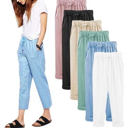 Summer Women Sports Pants Solid Color Cotton Linen Cropped Trousers Loose Female Drawstring Harem Pants Sportswear Fashion Pants