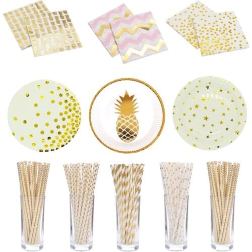 Gold Foil Pineapple Wave Star Striped Dot Paper Napkins Plates Cups Straw Disposable Tableware Festive & Party Tissue Decoupage