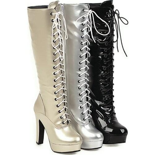 Black Gold Silver Martin Boots Cross Tied Platform High Heel Knee Boots Ladies Fashion Zipper Autumn Winter New Womens Shoes