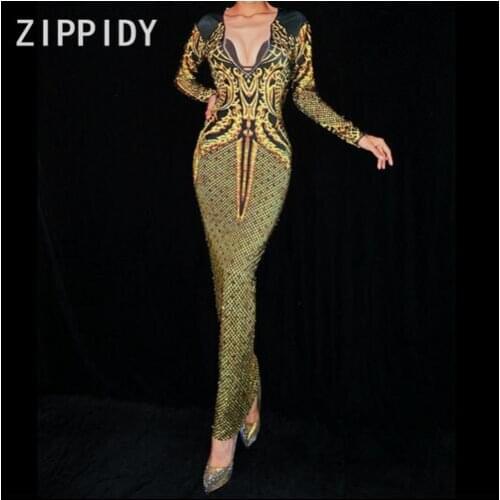 Black Gold Printed Long Dress Fashion Women Dyeing Stretch Dress Nightclub Birthday Celebrate Skinny Dress Costume