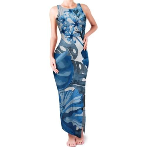 HYCOOL 2021 Royal Blue Long Improved Chinese Dress Sexy Sleeveless Bodycon Maxi Cheongsam Split Dress Floral Wedding Party Dress