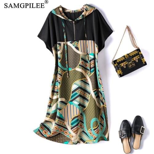 Summer Dresses 2021 New Geometric Pattern Patchwork Hooded Collar Retro Short-sleeved Knee Length Plus Size Women Dress 4XL