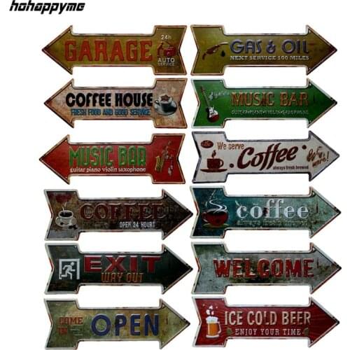 Retro Arrow Shaped Metal Tin Signs Exit Open Signboard Hanging Welcome Sign Garage Bar Coffee Beer Bar Wall Decor