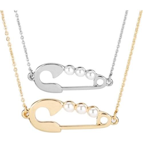 Womens Fashion Accessories Choker Safety Pin Charms Necklace Link Chain with Imitation pearls Pendants&Necklaces Jewelry Gift