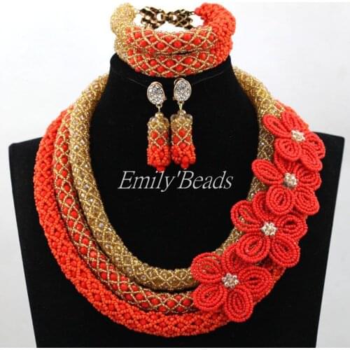 Delicate 3 Layer Gold Coral Color Nigerian Wedding African Beads Jewelry Set Dubai Beads Bridal Jewelry Set Free Shipping ALJ634