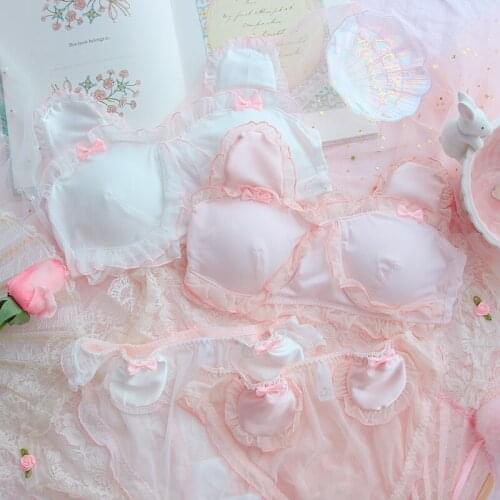 Peach Bear Japanese Girl Underwear Sweet Soft Girl Lace Princess Cute No Steel Ring Bra Set Removable Thin Insert Pad Lingerie