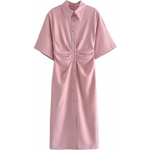 Maternity Solid Color Dresses Women Chic Fashion Button-up Shirt Vestidos Vintage Summer Pregancy Side Zipper Pleated Clothing