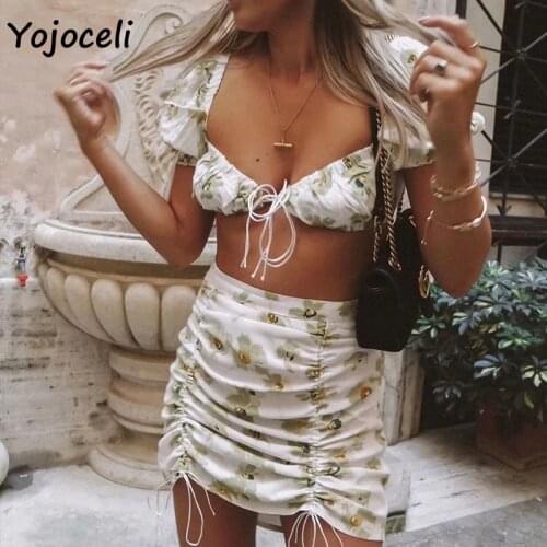 Yojoceli boho beach print two piece set dress women square neck short new spring summer dress female vestidos