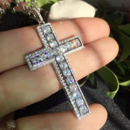 Luxurious 925 Sterling Silver Exquisite Bible Jesus Cross Pendant Pave Round Diamond Necklace for Women Topaz Gemstone Jewelry