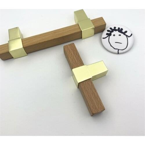LCH Nordic Style Real Wood Handle Zinc Alloy Drawer Handle Vintage Drawer Knob Door Pull Cabinet Handle Polished Gold Color
