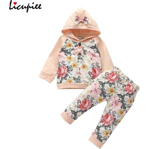 0-24 Months 2pcs Toddlers Tracksuit, Floral Splicing Hooded Long Sleeves Buttons Sweatshirt + High-waist Pants for Baby Girls