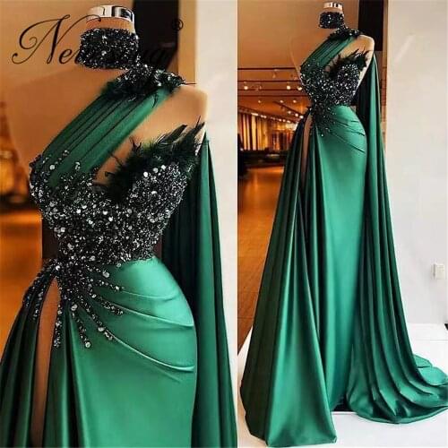 Couture Feathers Green Evening Dress Robe De Soirée 2021 Dubai Arabic Mermaid Long Prom Dresses Custom African Women Party Gowns