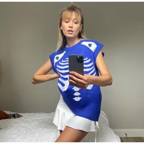 Y2K Blue Vintage Fashion Skeleton Autumn Sweater Vest Harajuku Loose Pullovers Women Tops Aesthetic Knitted Sweaters