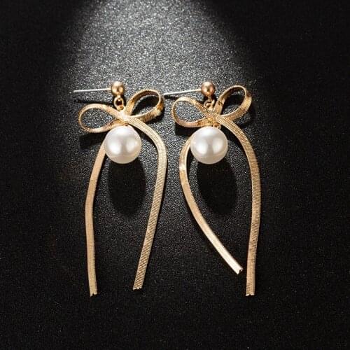 Fringed bow super fairy pearl exquisite long gold snake bone chain earrings for women wholesale