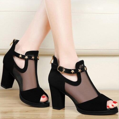 Comemore Women Pumps High Black Heels Ladies Shoes Rivet Mesh Zipper Open Toe Casual Party Wedding Platform Sandal Fashion Shoes