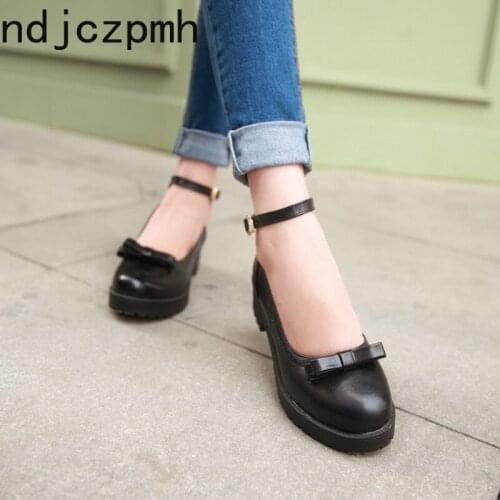 Spring and Autumn Fashion New Style Party Woman Pumps Shoes Butterfly-knot Buckle Strap Round Toe Clogs Big Size 34-43 Black