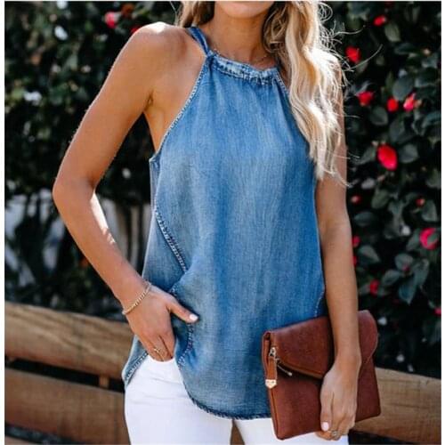 ZITY Women Sexy Halter Denim Vest Fashion Off -Shoulder High Street Solid Color Casual Sleeveless Lace Up Bottoming Top