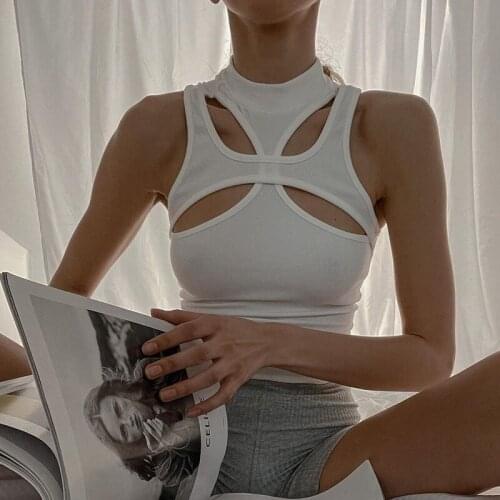 Women Halter Ribbed Crop Top Sleeveless Backless Vest Fashion Hollow Out Spaghetti Strap Top Shirt Casual Streetwear