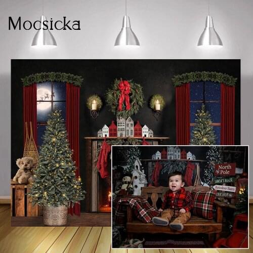 Winter Photography Backdrop Christmas Tree Fireplace Window Photo Shoot Wreath Candle Toys Birthday Portrait Background Studio