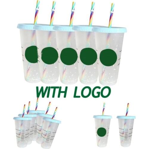 1/5PCS Straw Cup With Logo And Scale Reusable Colour Cup Magical Plastic Cold Water Color Changing Cup Tumbler Discoloration