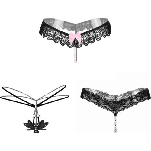 3PCS Open Crotch Panties Women Exotic Underwear Black Flower Lace Pearl Beading Thong Hollow Out Sexy G-string Bielizna Damska