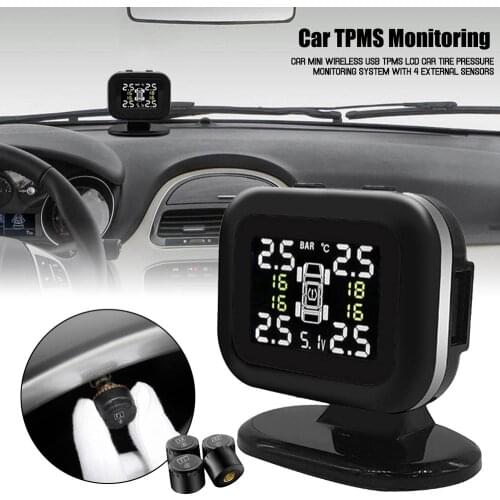 Car Mini Wireless USB TPMS LCD Car Tire Pressure Monitoring System With 4 External Sensors