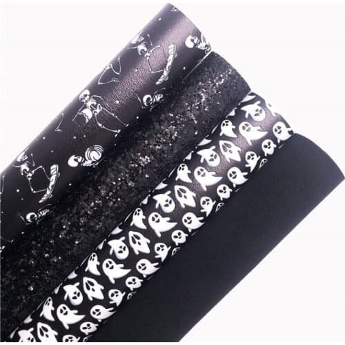 Black Chunky Glitter Leather Fabric Ghost Skeletons Printed Synthetic Leather Vinyl Fabric Leather For BOWS DIY 21X29CM G543