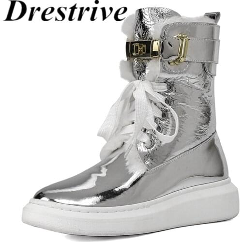 Drestrive Women Snow Boots Wool Cow Patent Leather Flats Cross Tied Platform 2020 Winter Casual Shoes Silver Ankle Boots