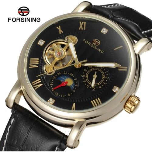 Forsining hand wind watch Hollow Engraving Black Gold Case Leather mechanical skeleton watch Watches Mens nibosi Luxury Brand