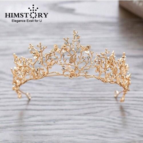 HIMSTORY Baroque Crown Gold Leaf Tairas Dragonfly Bridal Hair Accessories Princess Bridal Headdress Women Hair Ornaments