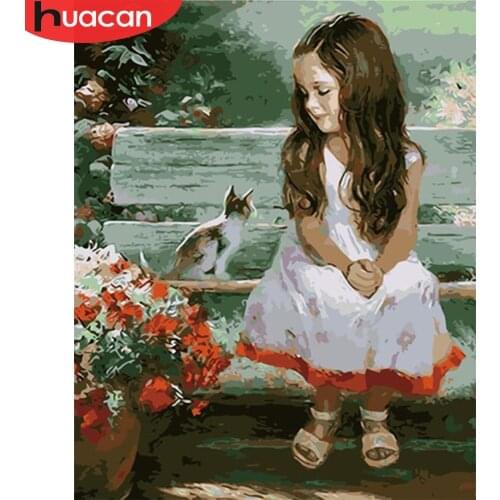 HUACAN Diy Oil Painting By Numbers Girl And Cat Modern Figure Wall Art Hand Painted Picture For Home Decoration Artwork