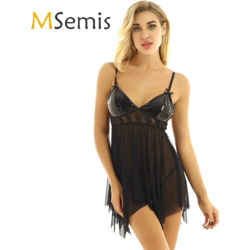 2Pcs Womens Lace Lingerie Set Sleepwear V Neck Sheer See Through Mesh Chemise Babydoll Nightdress with G-string Briefs