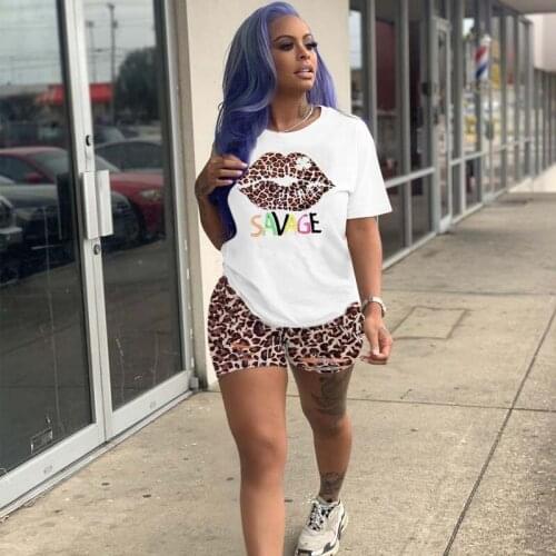TNNAOFF Leopard Lips Print Plus Size 2 Piece Tracksuits Women Set Short Sleeve T Shirt Sexy Biker Shorts Lounge Wear Matching S