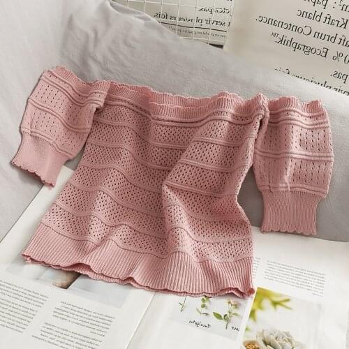 Sexy Off Shoulder Crop Top Knitting Vintage Pink Sweater Tops Girls Cropped Tshirt Women Slim Tee Bandage Streetwear