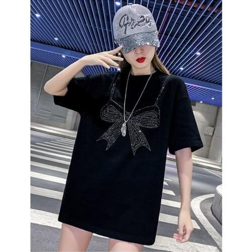 New Summer Womens T-Shirt bowknot Diamonds T shirt Loose Korean Anime Hot Drilling Short Sleeve Top