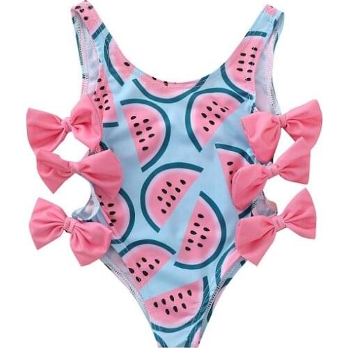 0-4Y Toddler Kids Baby Girl Summer Swimsuit Watermelon Bow Swimming Romper One Pieces Bathing Suit