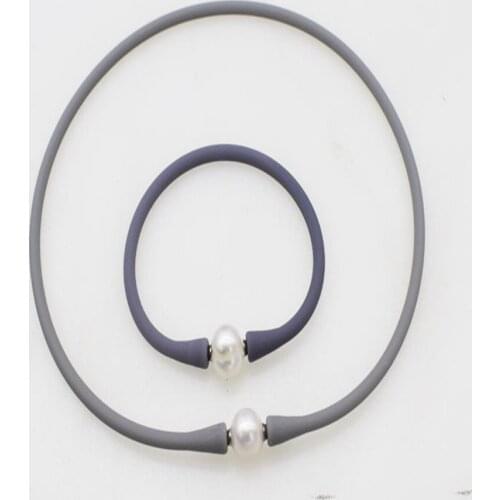 Freshwater pearl near round white 10-11mm and gray silicone necklace bracelet 40cm 19cm