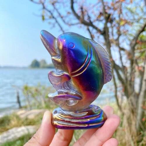 Natural Fluorite Carved Crystal Animals Dolphins Figurine Home Decoration Feng Shui Healing Crystals Reiki Decor Lucky Art Gifts